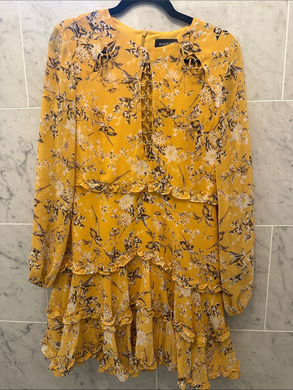 Bardot Yellow Floral Long Sleeve Ruffle Dress